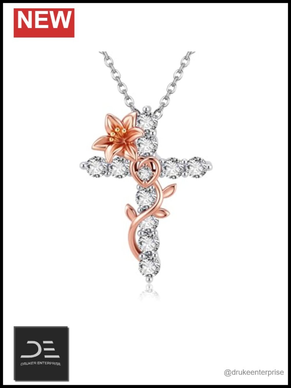 Sterling Silver Flower Cross Pendant Necklace with Cubic Zirconia for Women